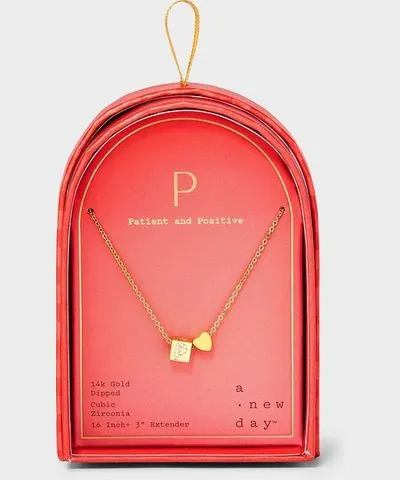 A New Day 14K Gold Dipped Slider Heart and Initial Cube P Pendant Necklace