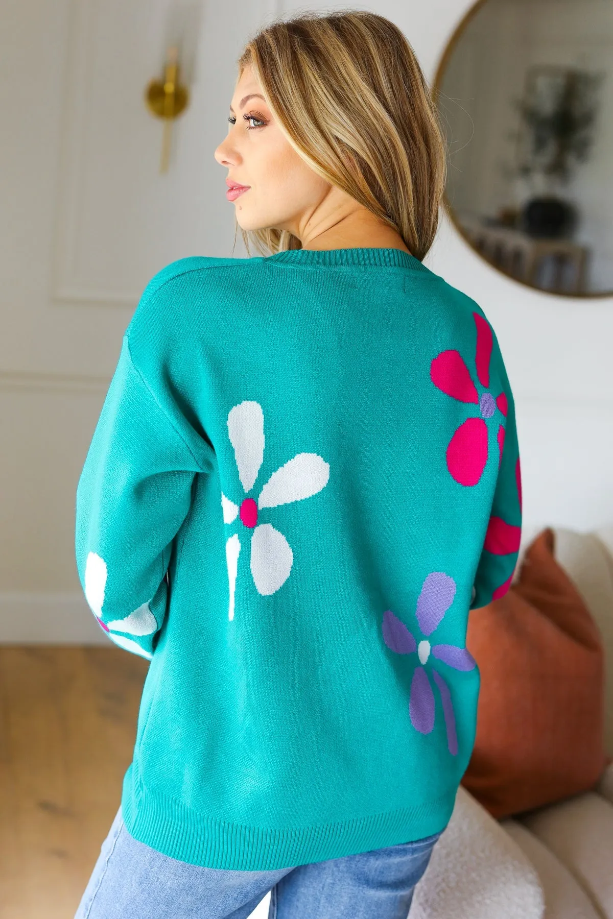 Adorable Turquoise Daisy Flower Jacquard Pullover Sweater