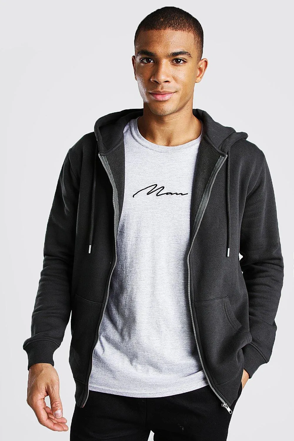 Basic Zip Through Fleece Hoodie | boohooMAN UK