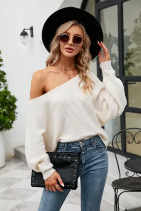 Boat Neck Horizontal Ribbing Dolman Sleeve Sweater