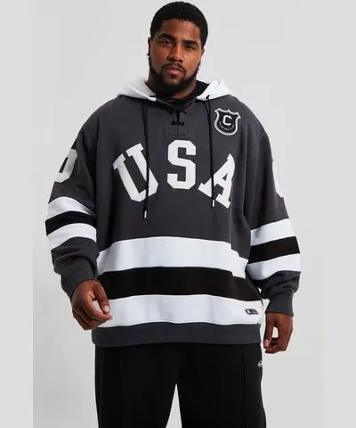 boohoo Mens Plus Loose Fit Varsity Hockey Hoodie