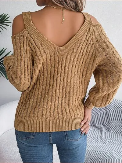 Cable-Knit Cold Shoulder Long Sleeve Sweater