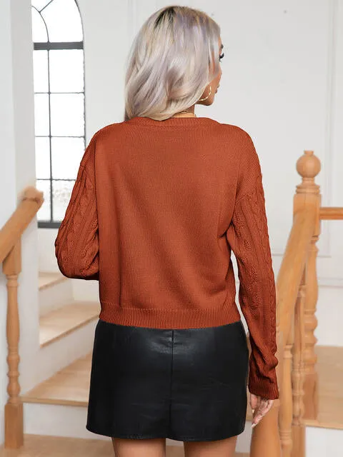 Cable-Knit Round Neck Long Sleeve Sweater