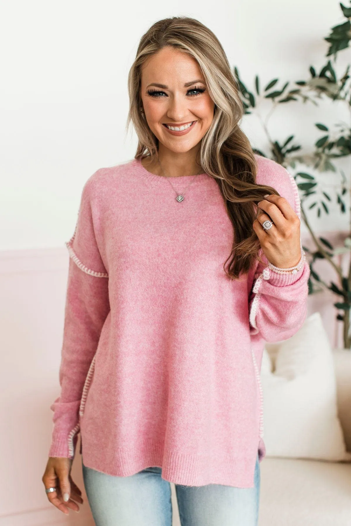 Can't Change My Mind Knit Sweater- Pink