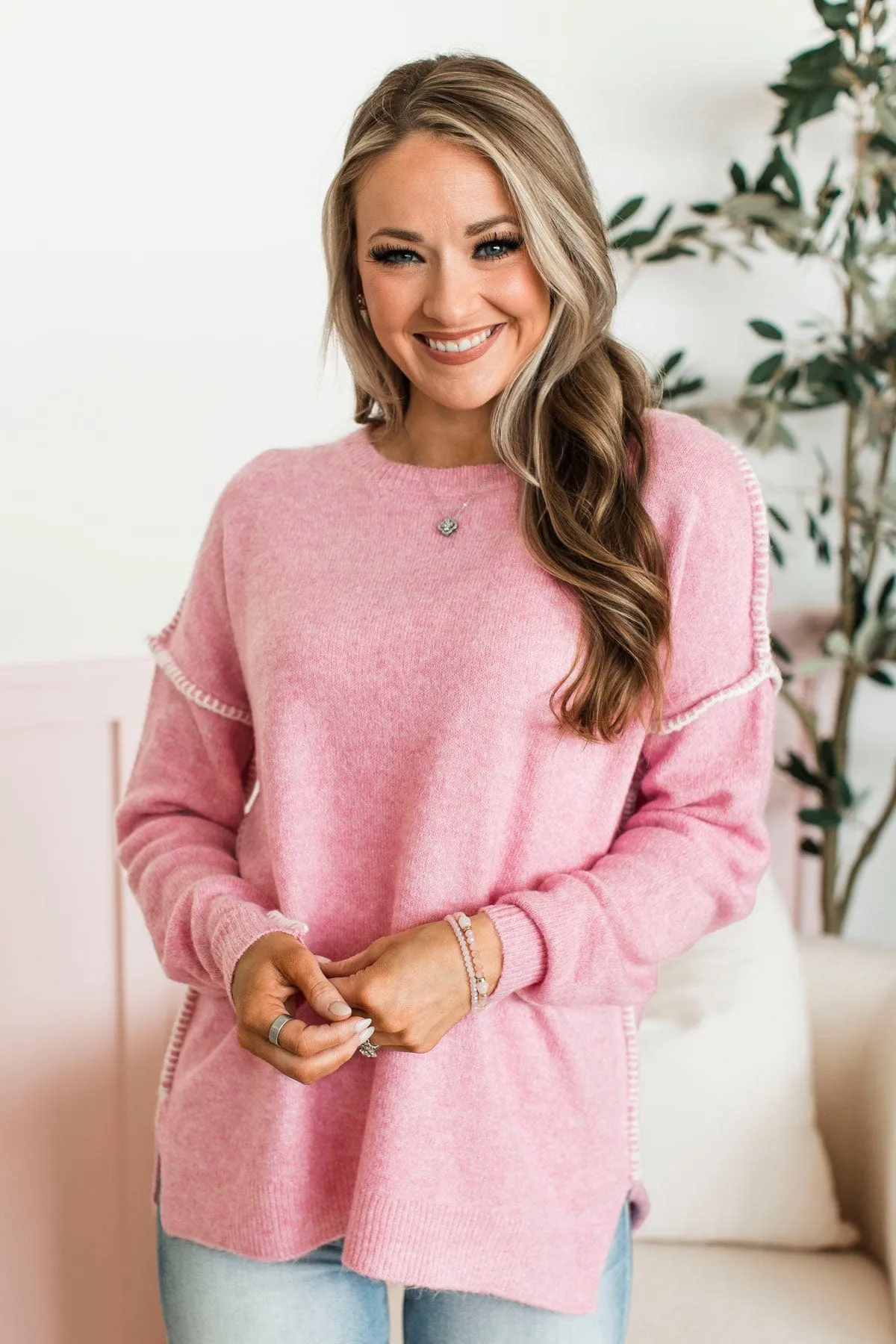 Can't Change My Mind Knit Sweater- Pink