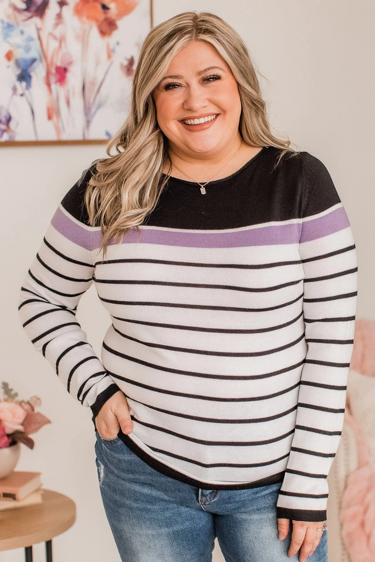 Can't Stay Away Striped Sweater- Black & Purple