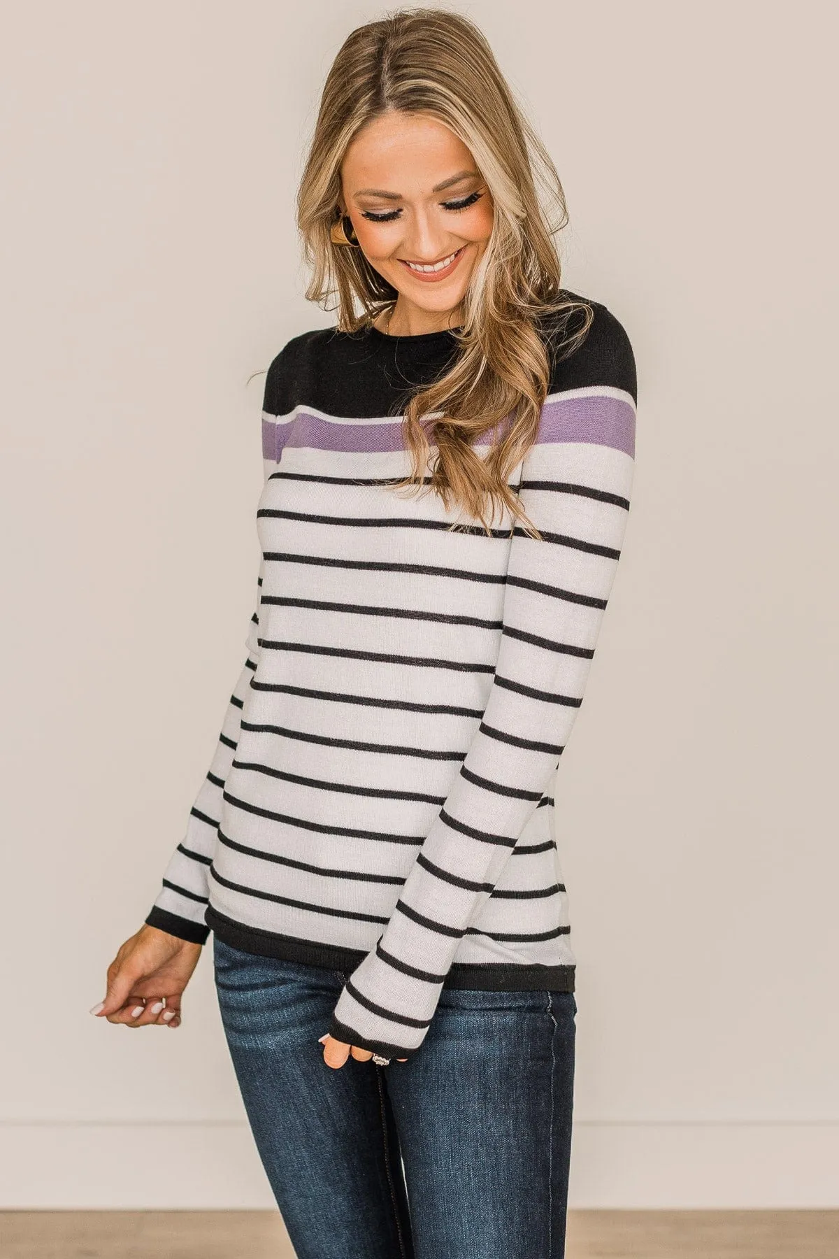 Can't Stay Away Striped Sweater- Black & Purple