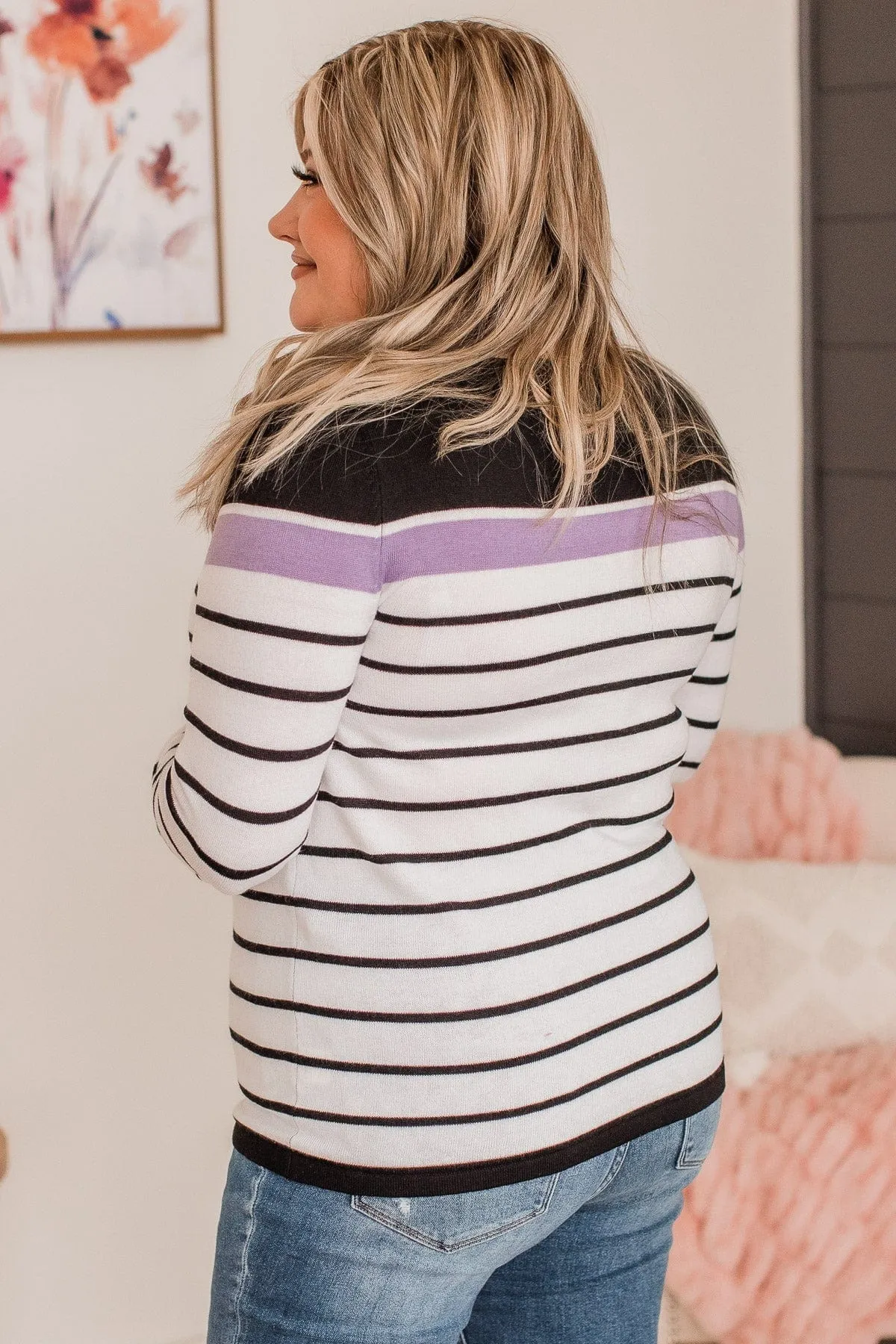 Can't Stay Away Striped Sweater- Black & Purple