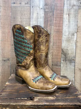 Corral Woven Western Boots - Sand/Teal