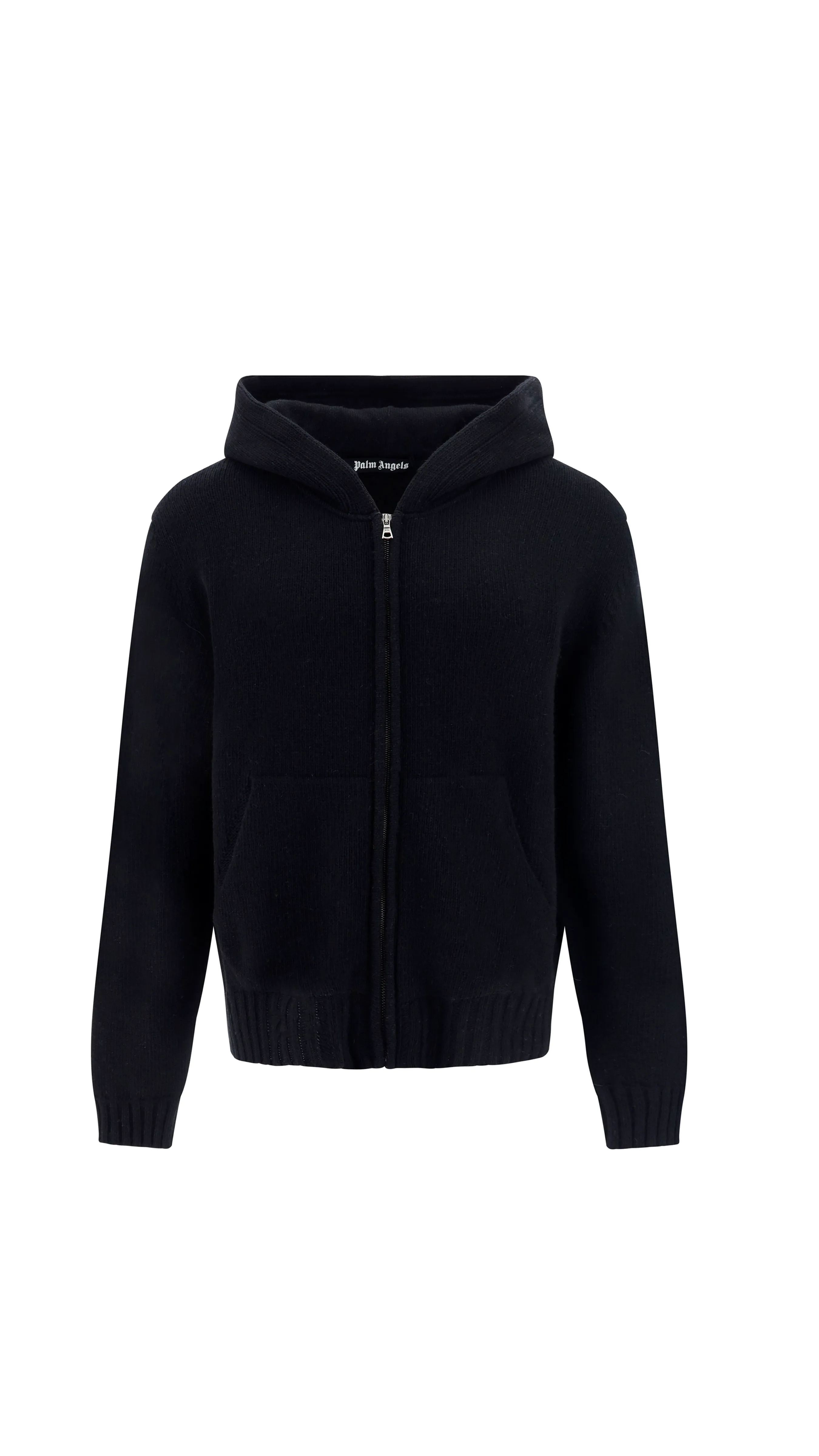 Curved Logo Zip-Up Knit Hoodie - Black