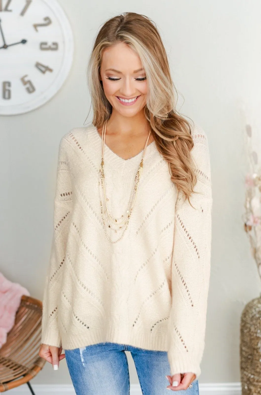 Dance Into The Night Pointelle Sweater- Cream