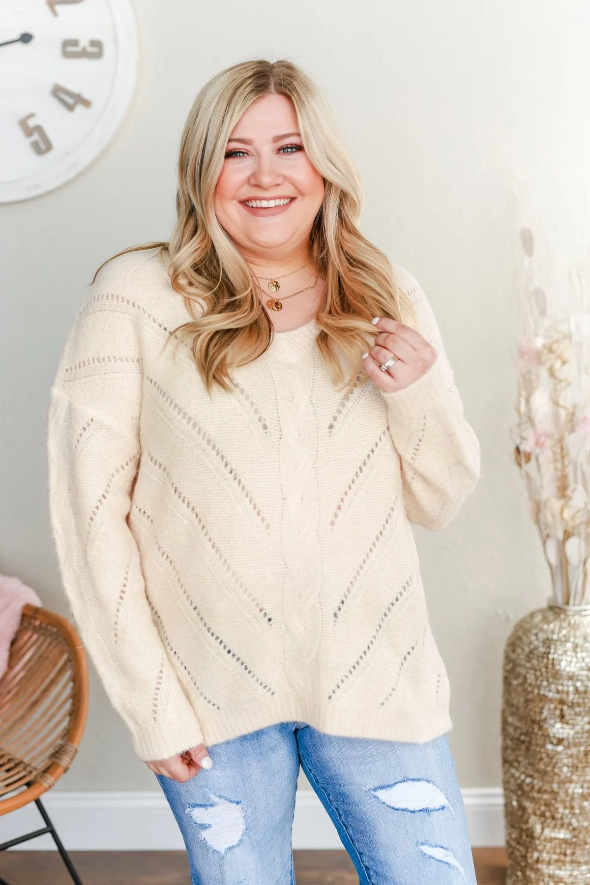 Dance Into The Night Pointelle Sweater- Cream