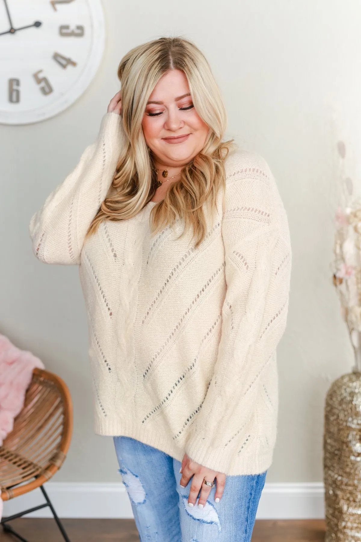 Dance Into The Night Pointelle Sweater- Cream