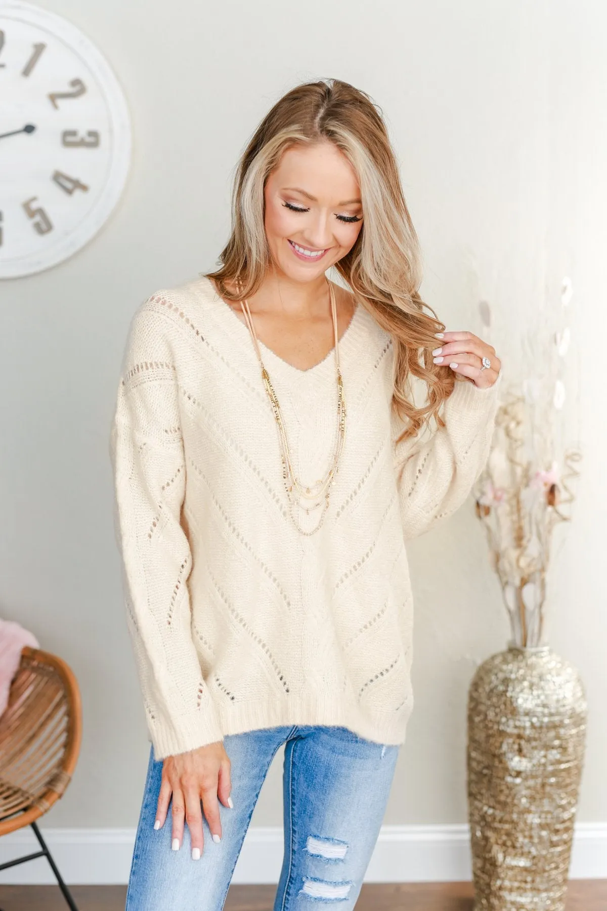 Dance Into The Night Pointelle Sweater- Cream