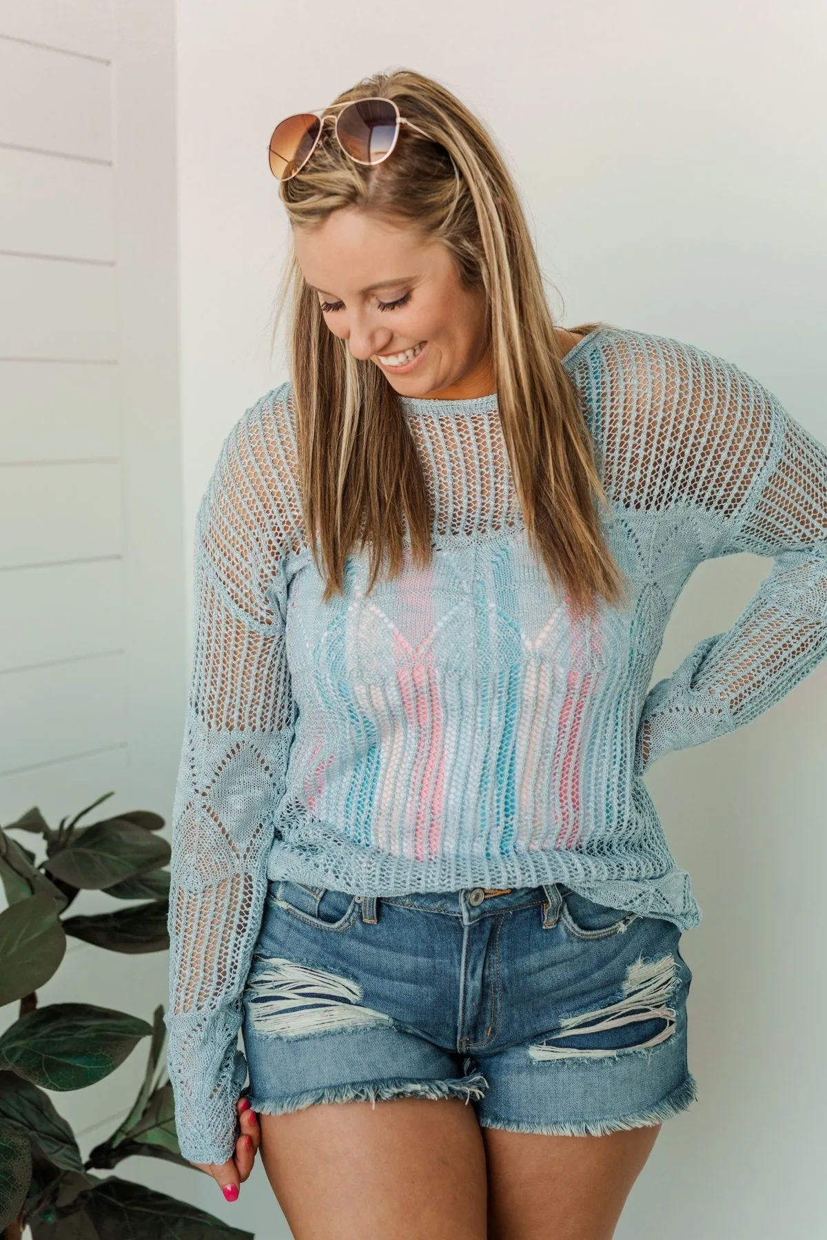 Effortless Smiles Open Knit Sweater- Powder Blue