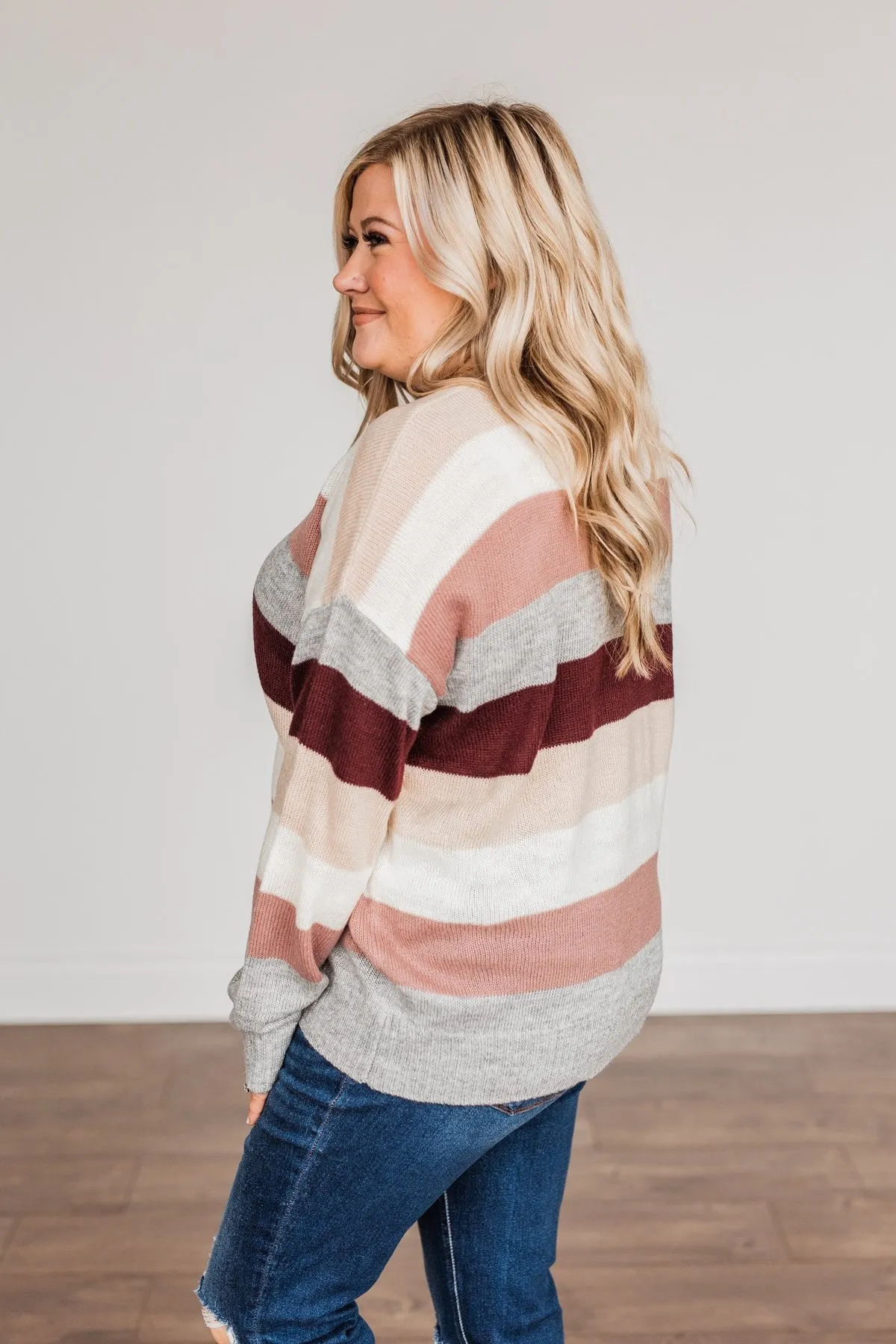 Feeling Frosty Striped Sweater- Grey, Cream & Mauve