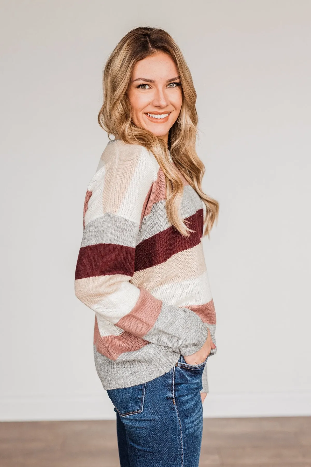 Feeling Frosty Striped Sweater- Grey, Cream & Mauve