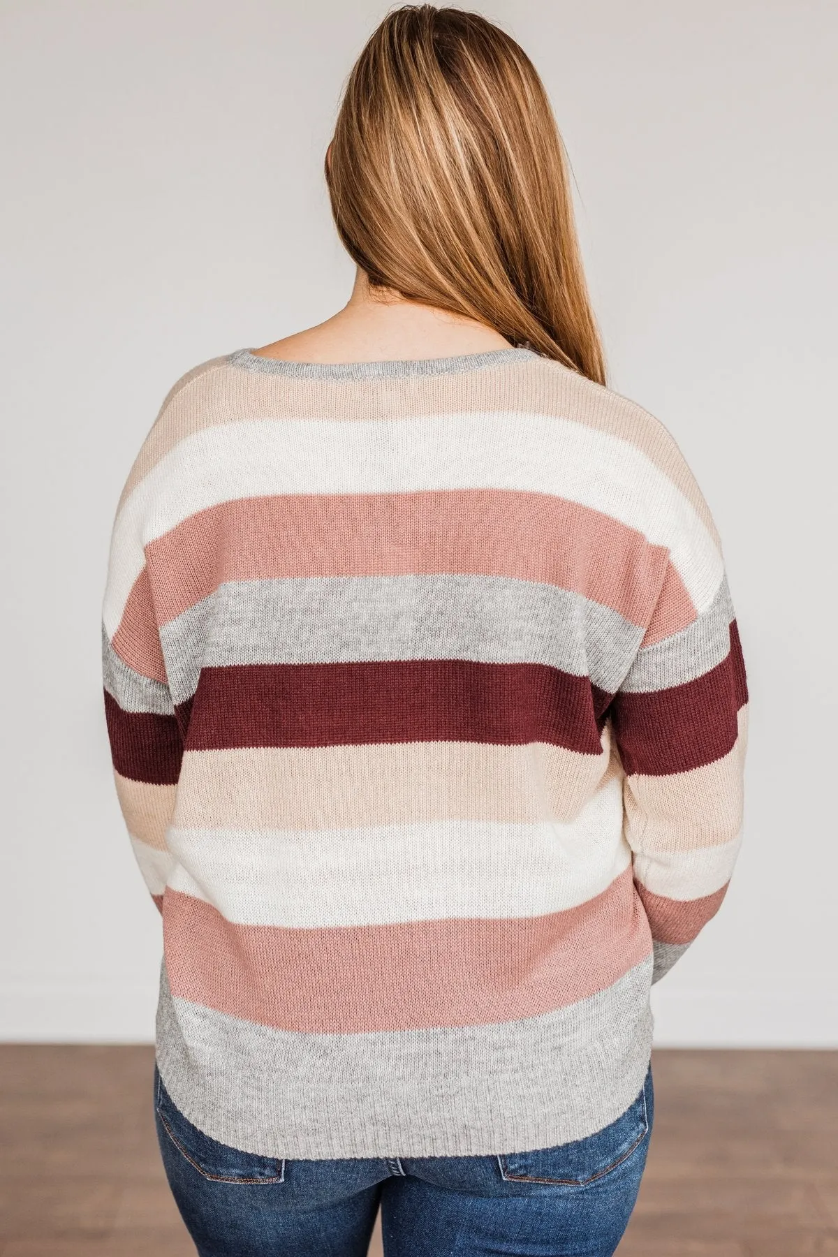 Feeling Frosty Striped Sweater- Grey, Cream & Mauve