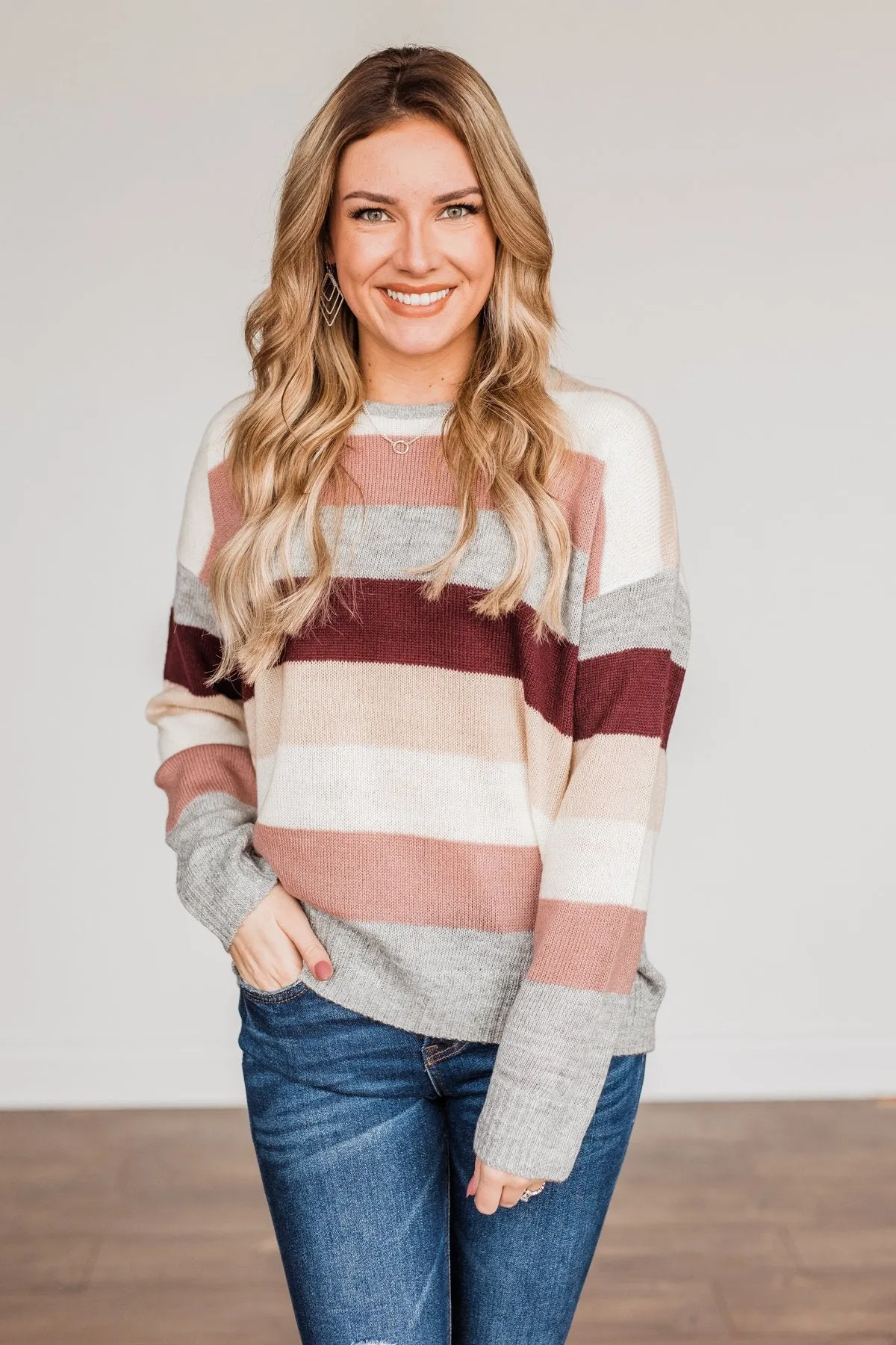 Feeling Frosty Striped Sweater- Grey, Cream & Mauve