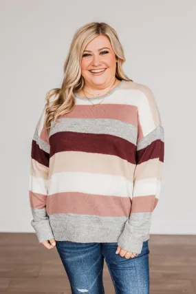 Feeling Frosty Striped Sweater- Grey, Cream & Mauve