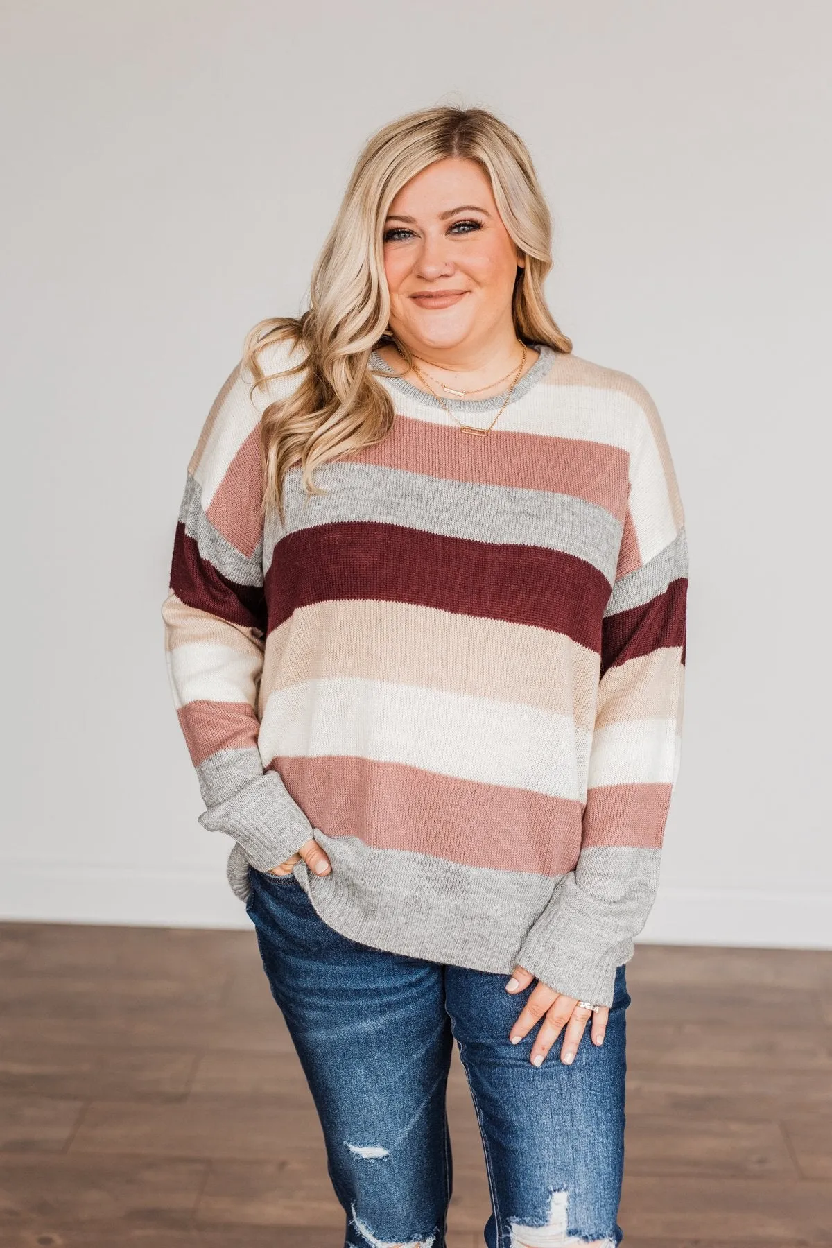 Feeling Frosty Striped Sweater- Grey, Cream & Mauve