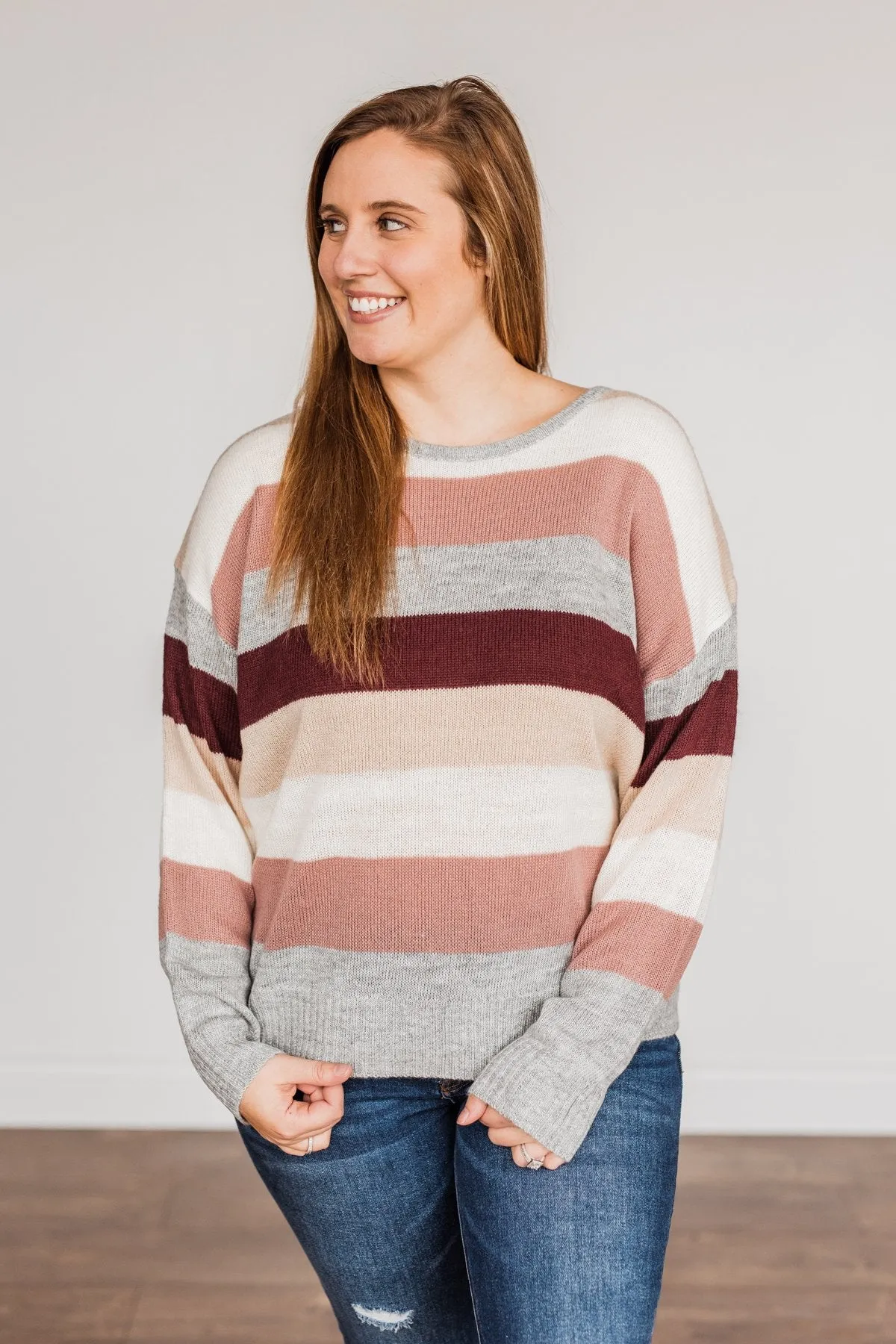 Feeling Frosty Striped Sweater- Grey, Cream & Mauve