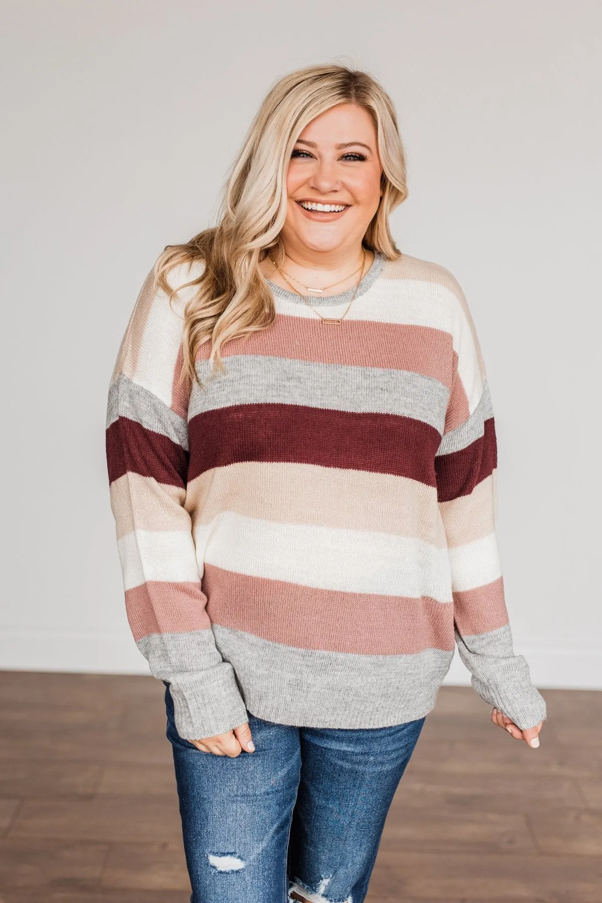 Feeling Frosty Striped Sweater- Grey, Cream & Mauve