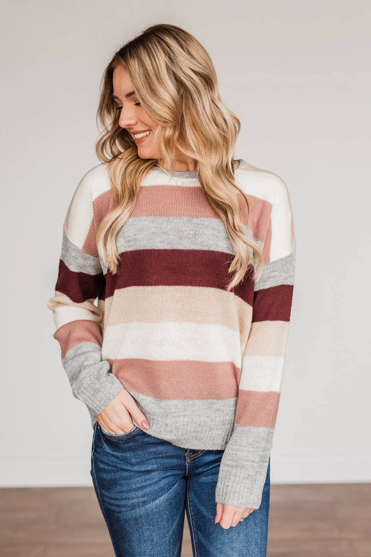 Feeling Frosty Striped Sweater- Grey, Cream & Mauve