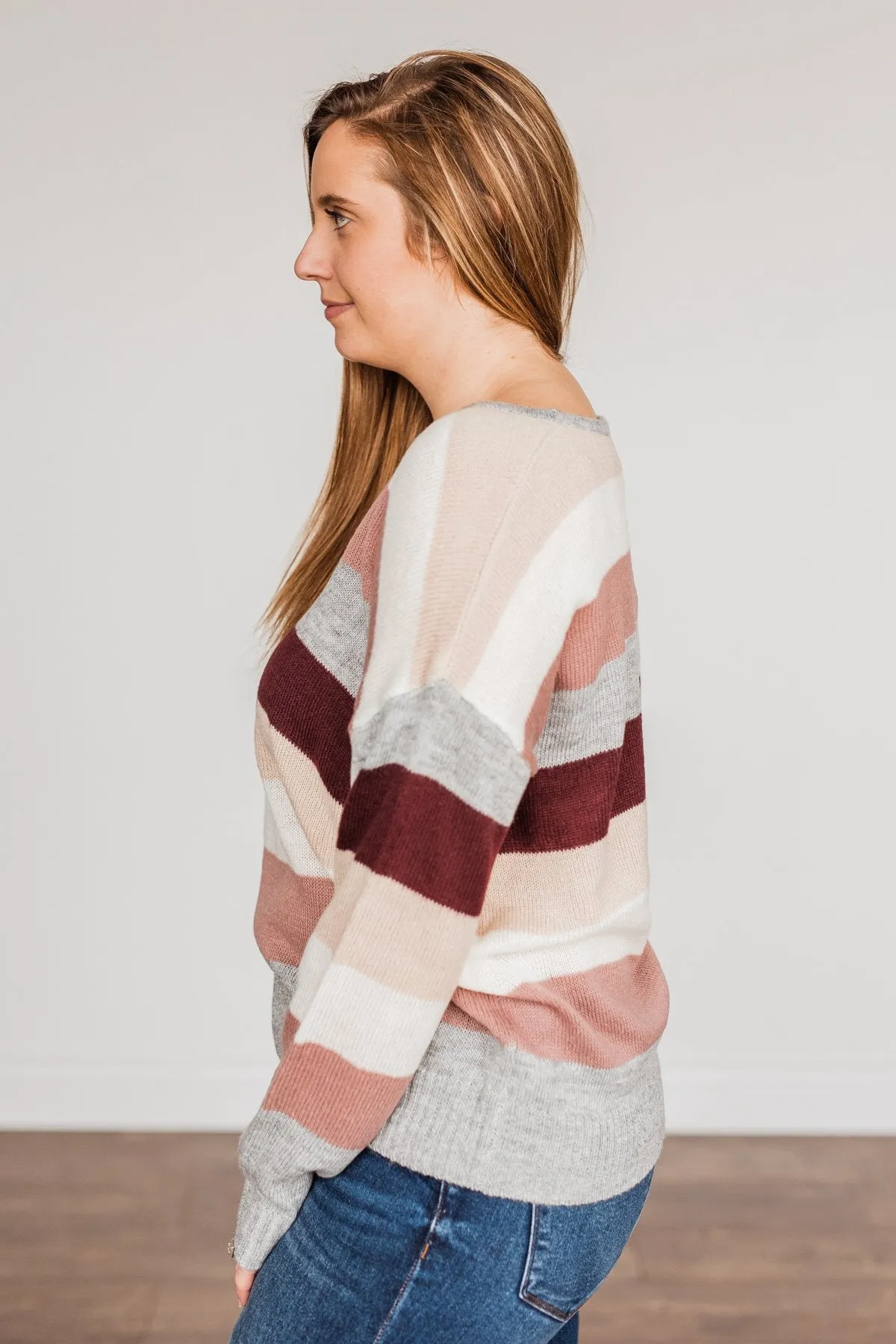 Feeling Frosty Striped Sweater- Grey, Cream & Mauve