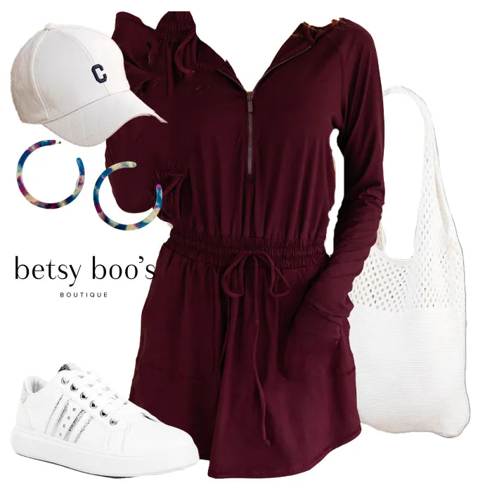 Jianna Hoodie Romper in Maroon Set STS