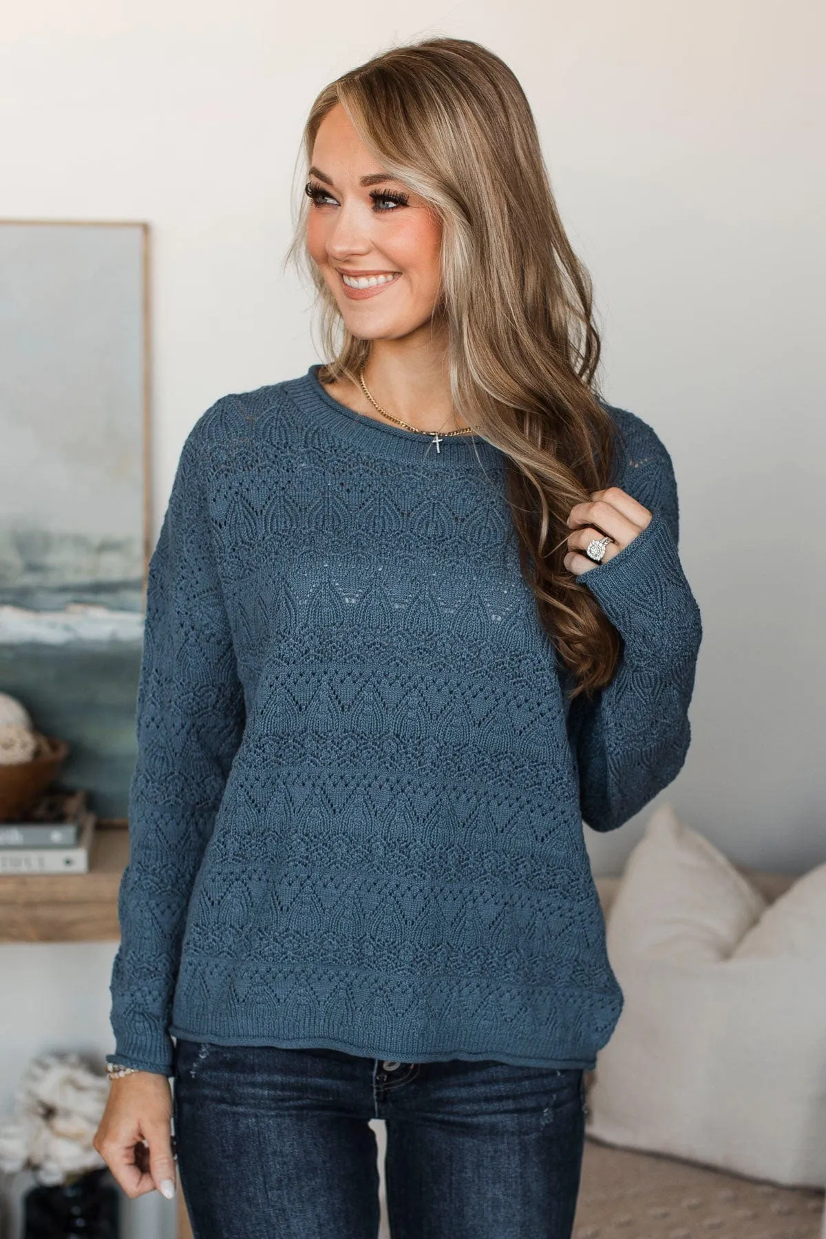 Kindness Is Key Knit Sweater- Denim Blue