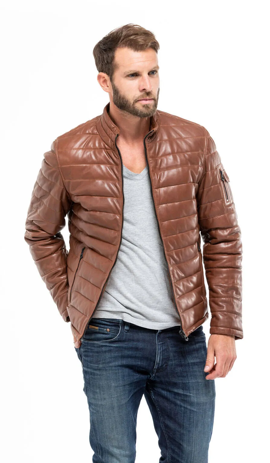 Leather jacket man cognac style down jacket 100973