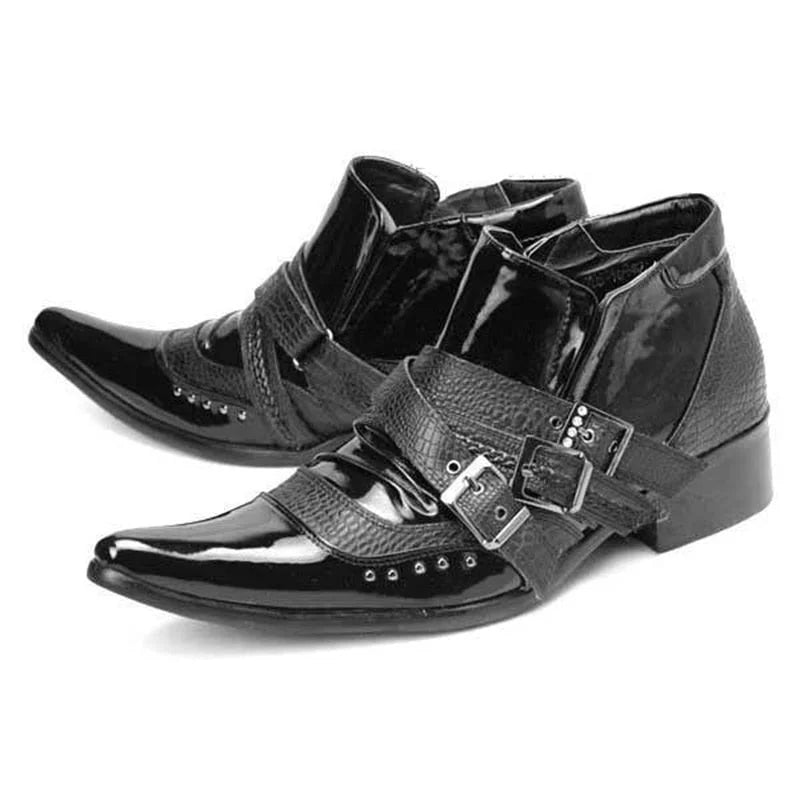 Men's Black British Style Rivet Pointed Toe Buckle Strap Ankle Boots