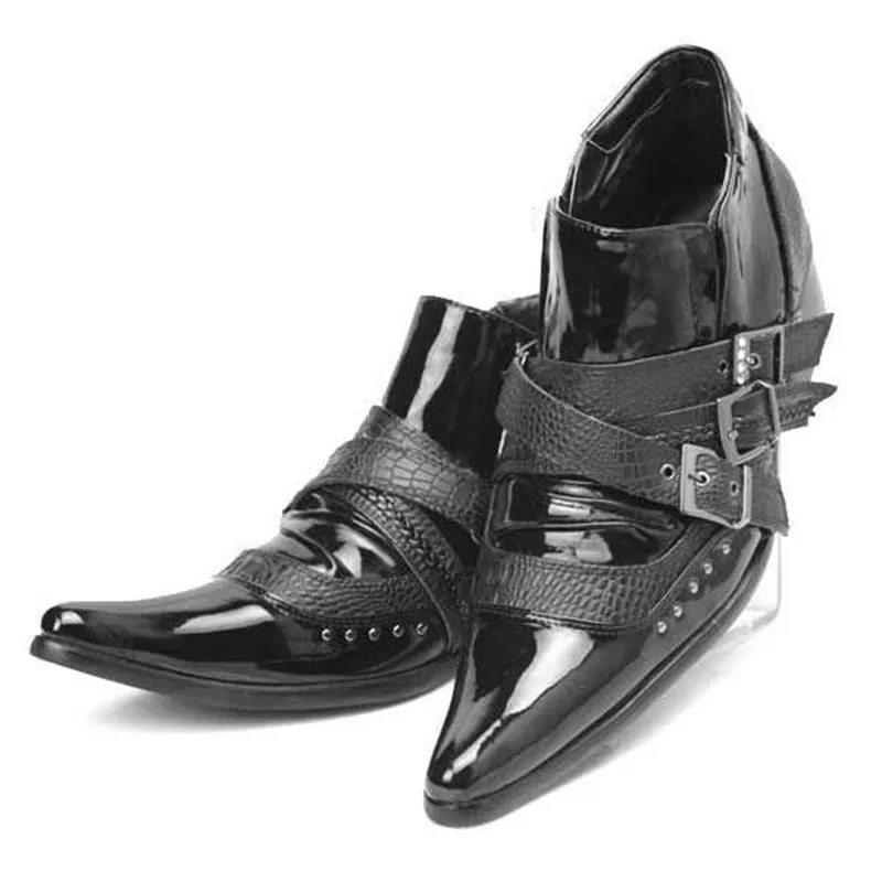 Men's Black British Style Rivet Pointed Toe Buckle Strap Ankle Boots