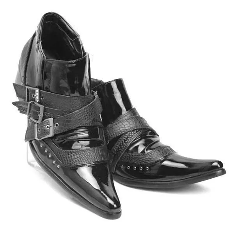 Men's Black British Style Rivet Pointed Toe Buckle Strap Ankle Boots