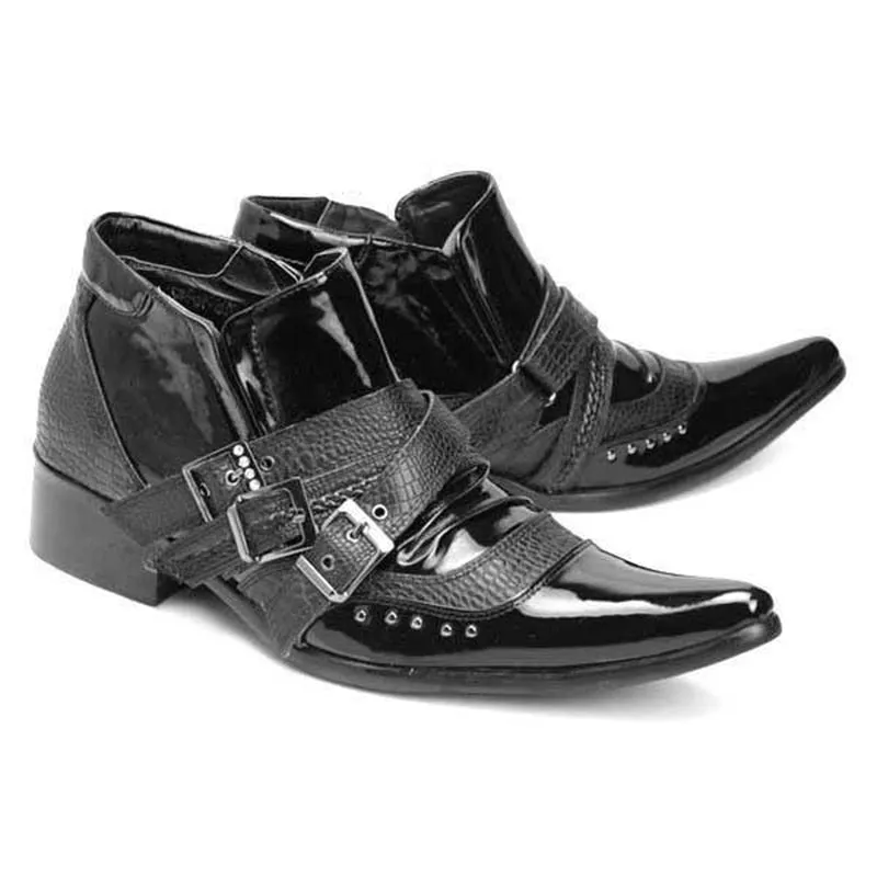 Men's Black British Style Rivet Pointed Toe Buckle Strap Ankle Boots