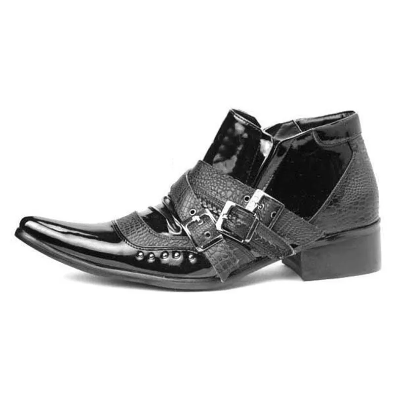 Men's Black British Style Rivet Pointed Toe Buckle Strap Ankle Boots