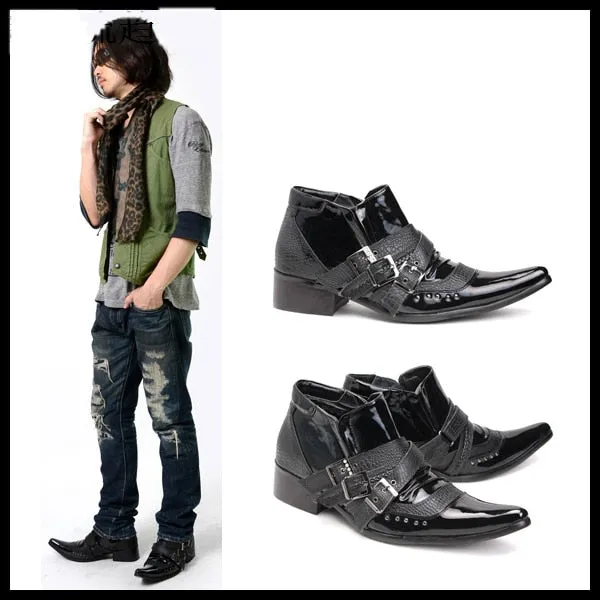 Men's Black British Style Rivet Pointed Toe Buckle Strap Ankle Boots