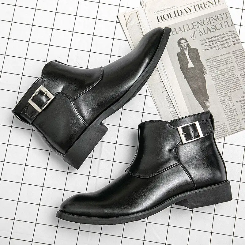 Men's Boots British Style Chelsea Boots Pointed Toe Leather Boots Thick Sole Black Luxury Brands Designer Men Boots