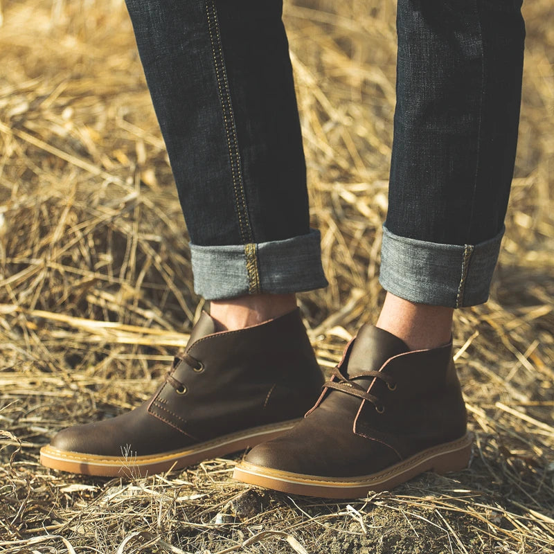 Men's Vintage British Style Genuine Leather Round Toe Lace-up Ankle Boots