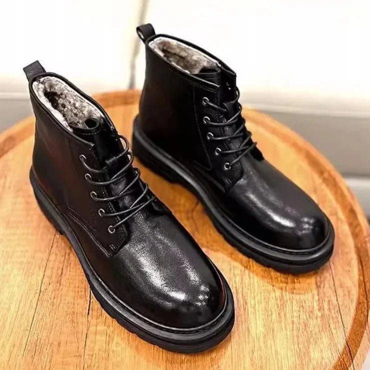 Men's Winter Genuine Leather Lace Up Non-slip Casual Motorcycle Short Boots