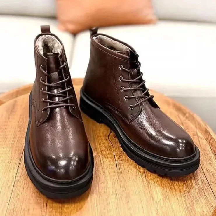 Men's Winter Genuine Leather Lace Up Non-slip Casual Motorcycle Short Boots