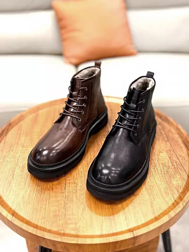 Men's Winter Genuine Leather Lace Up Non-slip Casual Motorcycle Short Boots