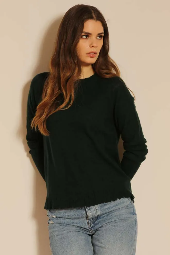 Minnie Rose Cotton Cable Frayed Crew Sweater