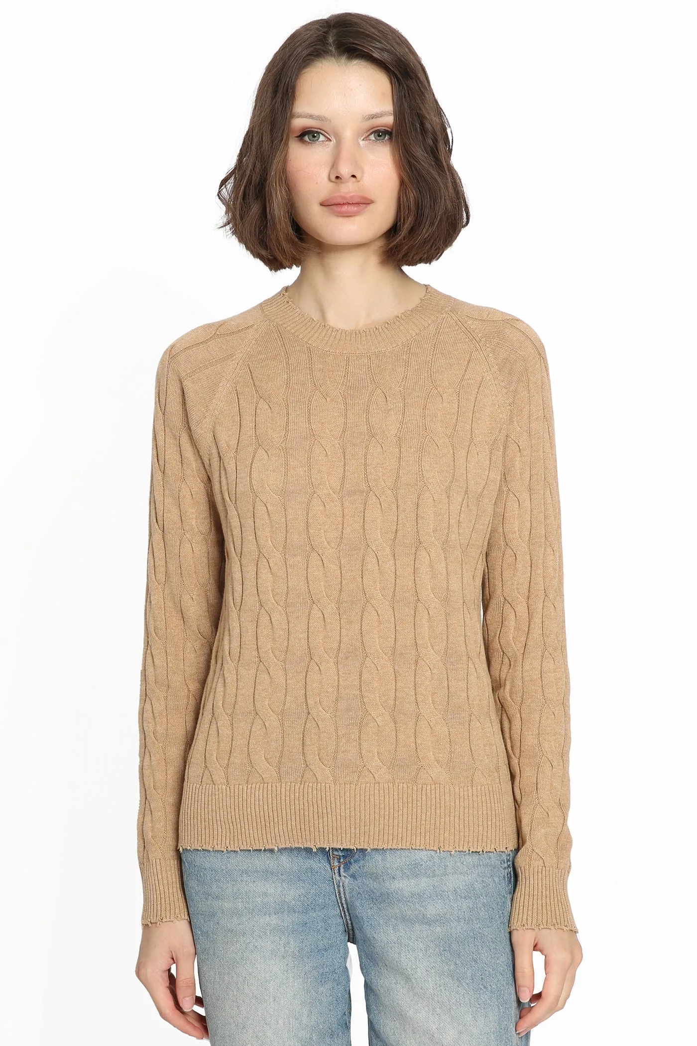 Minnie Rose Cotton Cable Frayed Crew Sweater