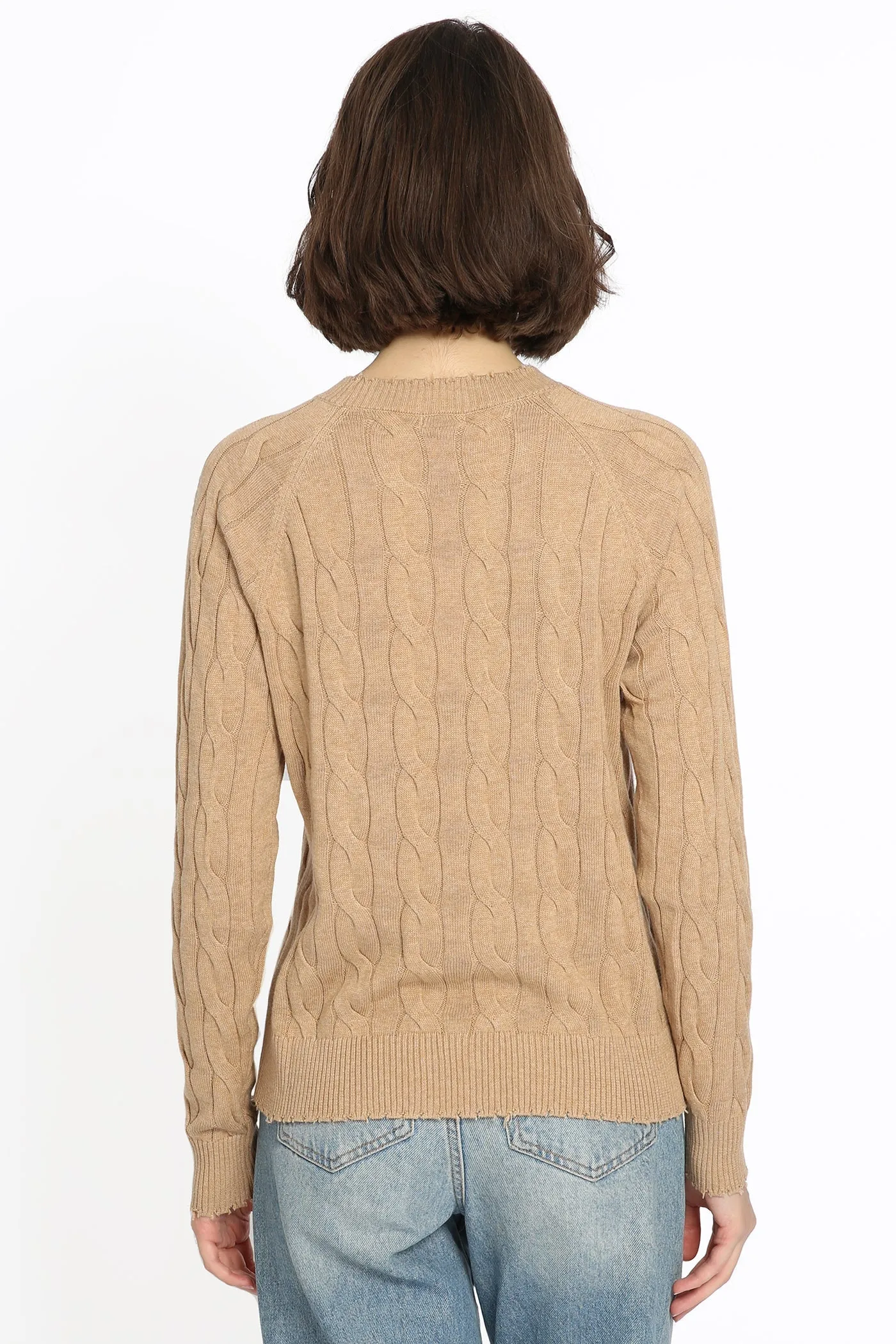 Minnie Rose Cotton Cable Frayed Crew Sweater