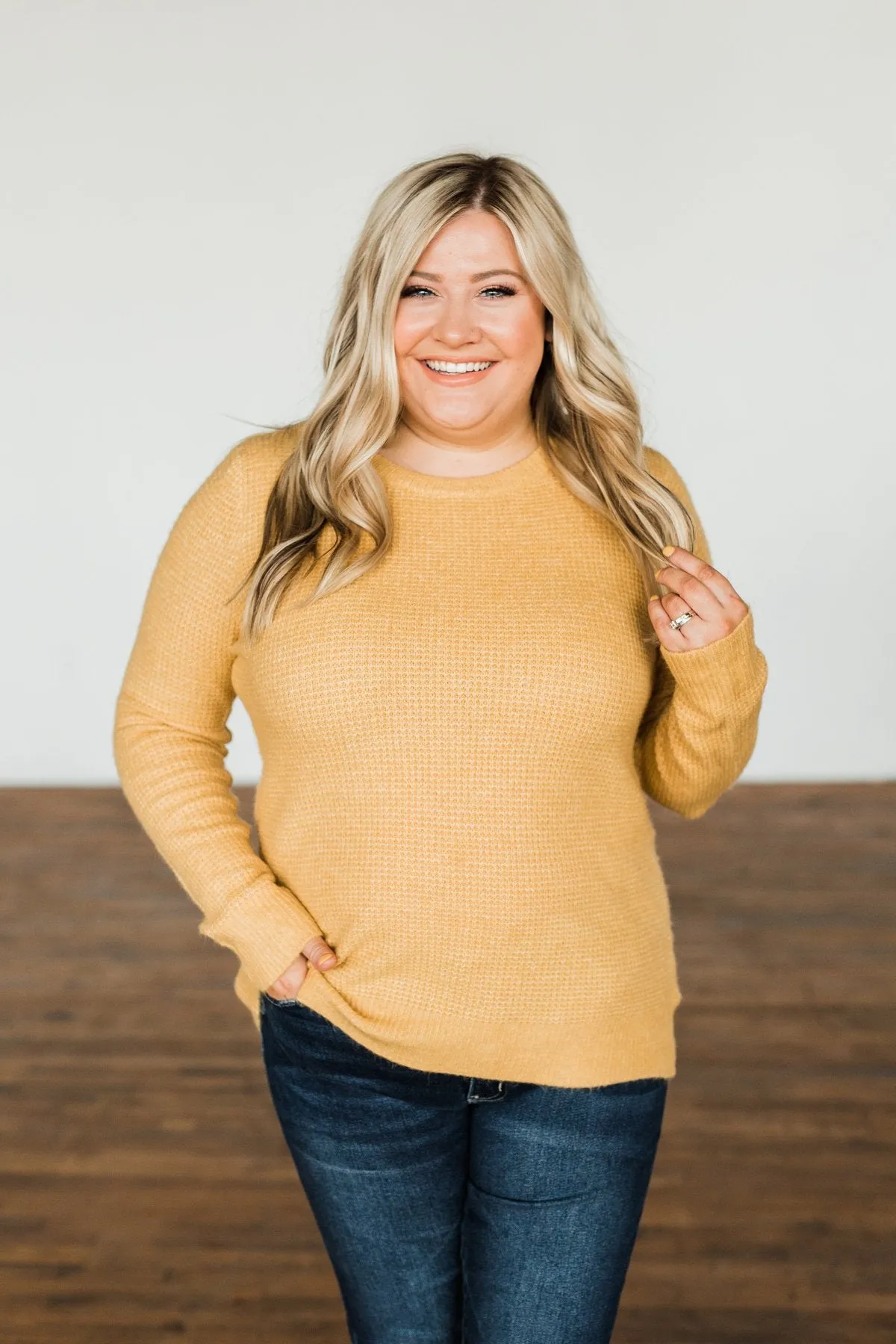 My Little Angel Waffle Knit Sweater- Mustard