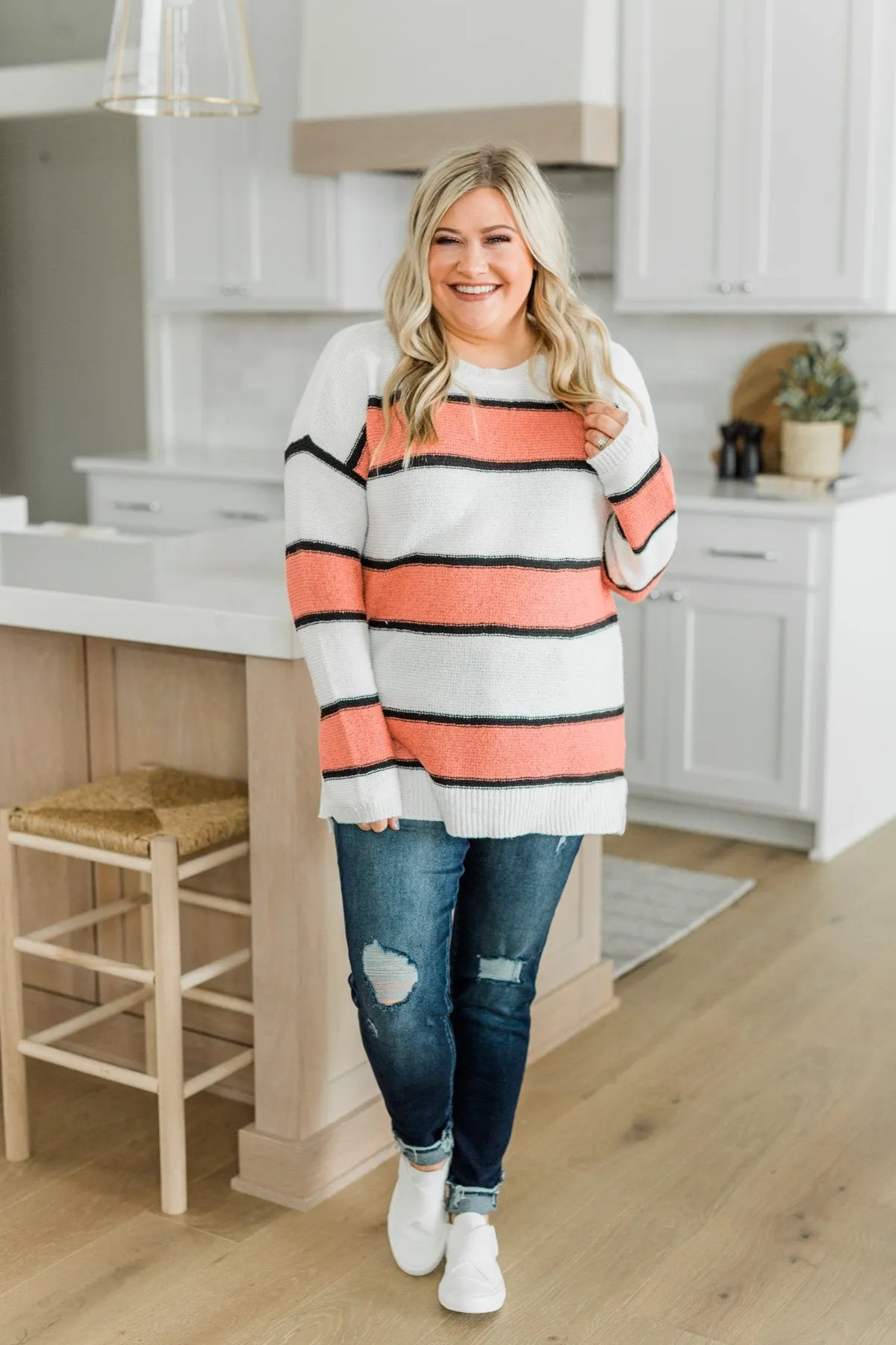 Oh So Soft Striped Knit Sweater- Coral