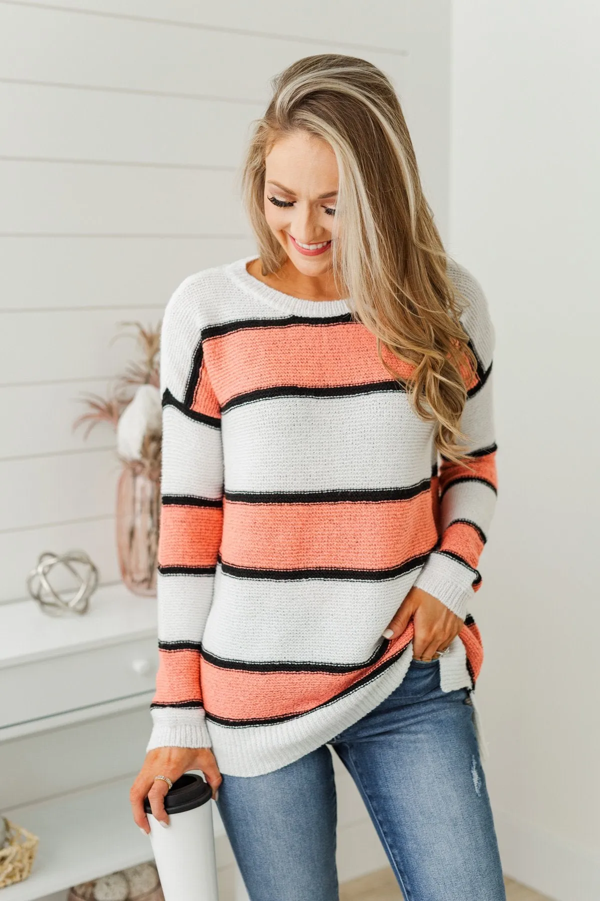 Oh So Soft Striped Knit Sweater- Coral