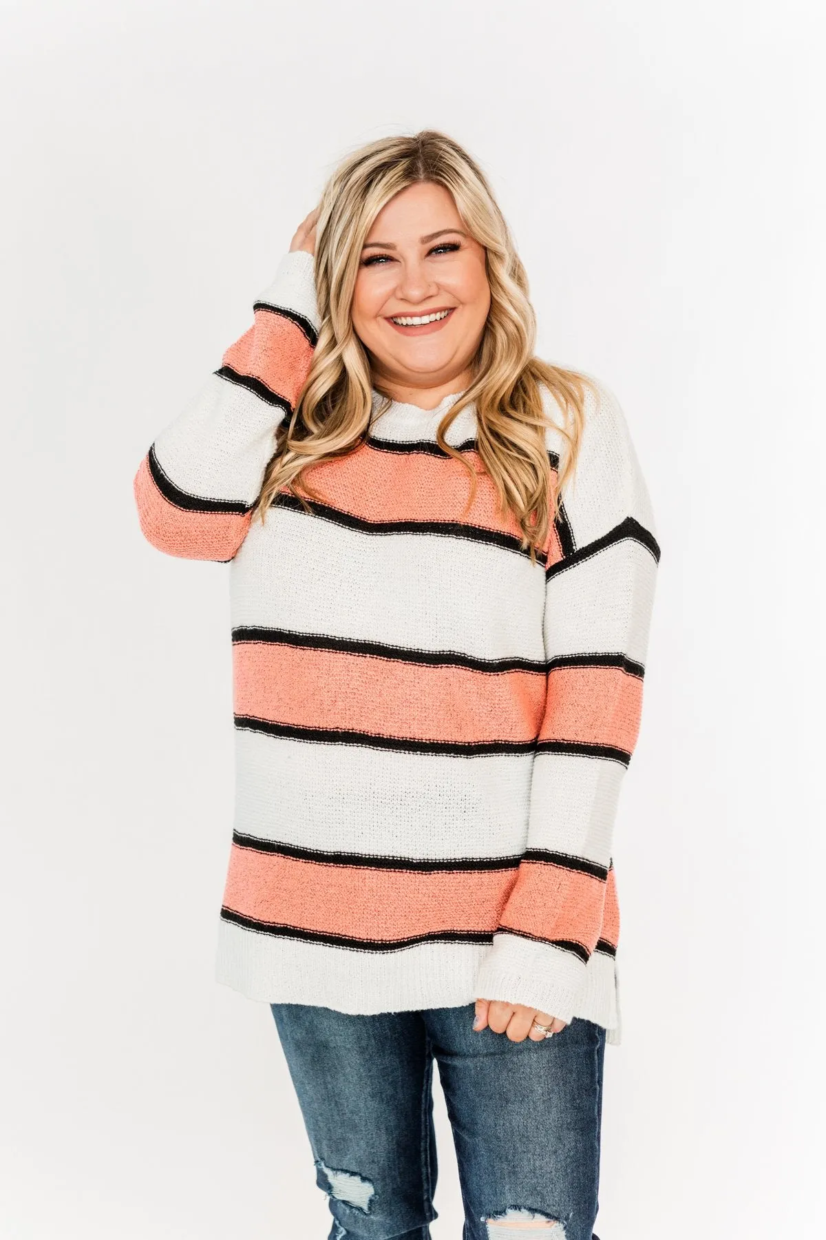 Oh So Soft Striped Knit Sweater- Coral